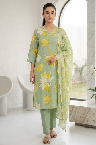 Green printed cotton blend stitched floral print salwar kurta dupatta for women