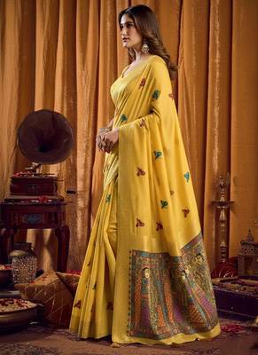 Yellow cotton blend katha work saree with blouse piece 2