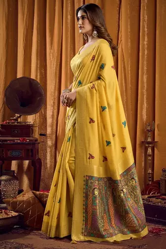 Yellow cotton blend katha work saree with blouse piece