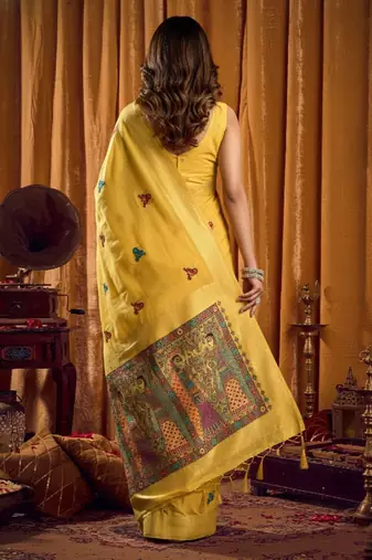 Yellow cotton blend katha work saree with blouse piece