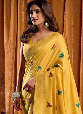 Yellow cotton blend katha work saree with blouse piece 4