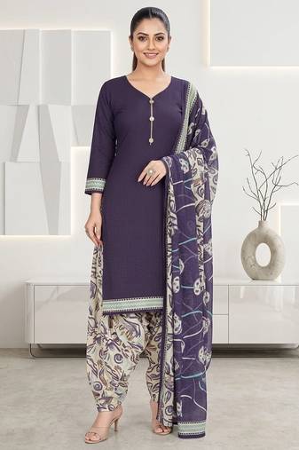 Purple printed cotton blend stitched floral print salwar kurta dupatta for women