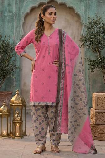 Pink printed cotton blend stitched floral print salwar kurta dupatta for women