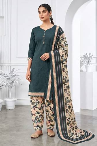 Teal green printed cotton blend stitched floral print salwar kurta dupatta for women