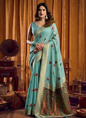 Sky Blue cotton blend katha work saree with blouse piece 1