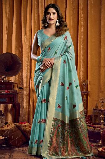 Sky Blue cotton blend katha work saree with blouse piece