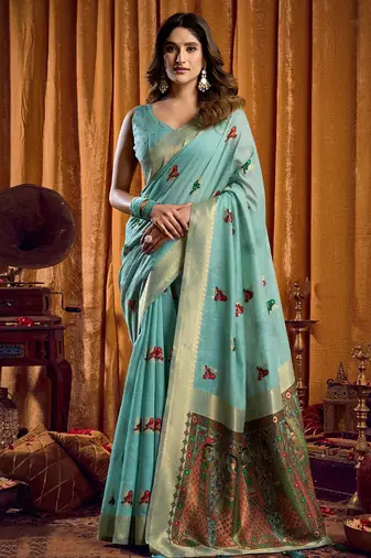 Sky Blue cotton blend katha work saree with blouse piece