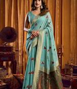 Sky Blue cotton blend katha work saree with blouse piece