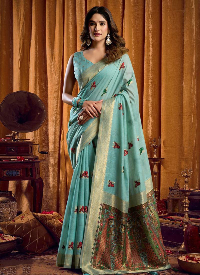 Sky Blue cotton blend katha work saree with blouse piece