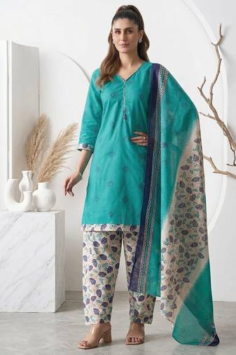 Teal printed cotton blend stitched floral print salwar kurta dupatta for women