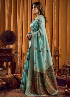 Sky Blue cotton blend katha work saree with blouse piece 2