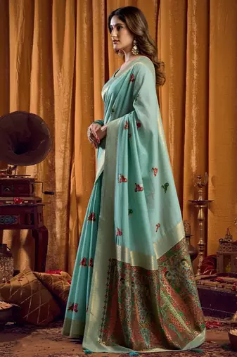 Sky Blue cotton blend katha work saree with blouse piece