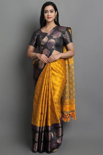 gold silk saree with woven ethnic motif zari design