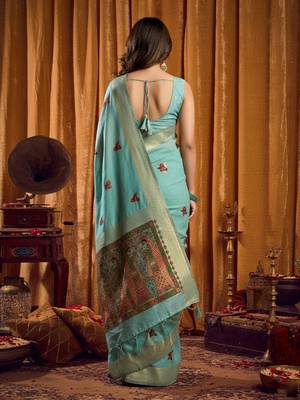 Sky Blue cotton blend katha work saree with blouse piece 3