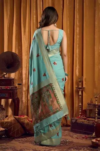 Sky Blue cotton blend katha work saree with blouse piece