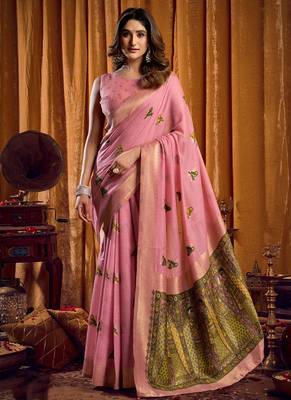Pink cotton blend katha work saree with blouse piece 1