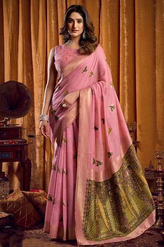 Pink cotton blend katha work saree with blouse piece