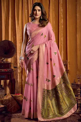 Pink cotton blend katha work saree with blouse piece