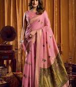 Pink cotton blend katha work saree with blouse piece