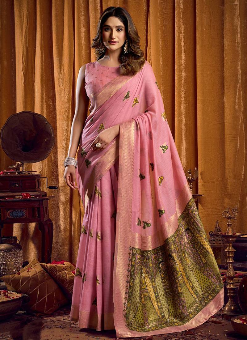 Pink cotton blend katha work saree with blouse piece