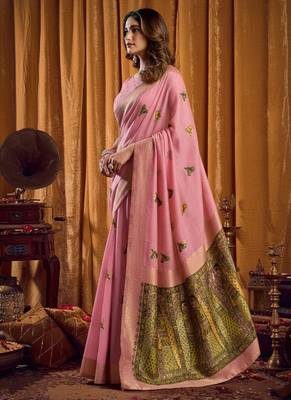 Pink cotton blend katha work saree with blouse piece 2
