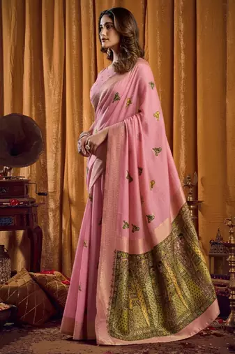 Pink cotton blend katha work saree with blouse piece