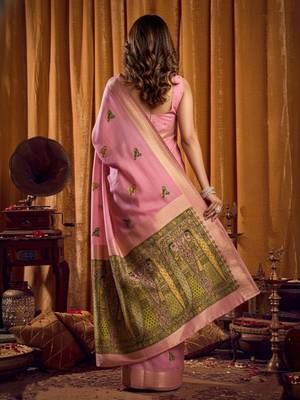 Pink cotton blend katha work saree with blouse piece 3