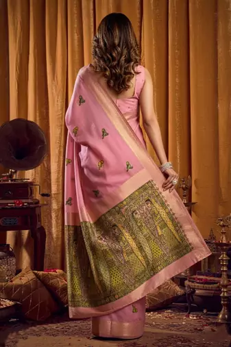Pink cotton blend katha work saree with blouse piece