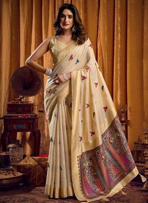 Cream cotton blend katha work saree with blouse piece 1