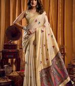 Cream cotton blend katha work saree with blouse piece