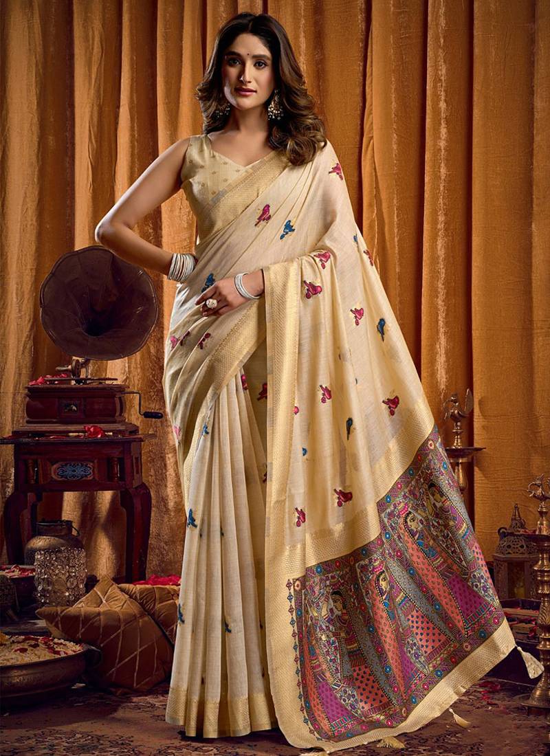Cream cotton blend katha work saree with blouse piece