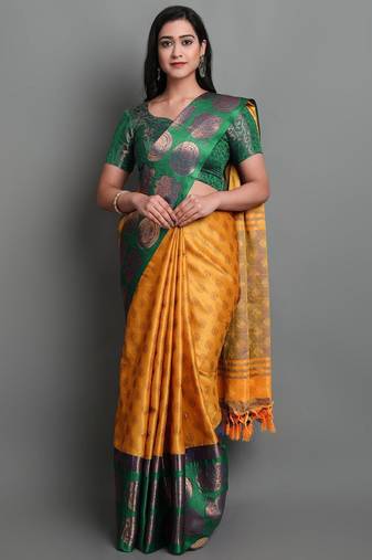 gold silk cotton saree with woven design zari work