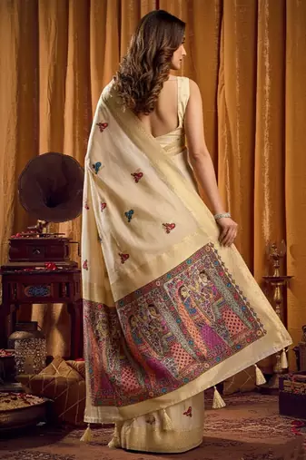Cream cotton blend katha work saree with blouse piece