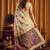 Cream cotton blend katha work saree with blouse piece