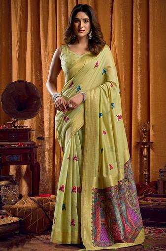 Light Green cotton blend katha work saree with blouse piece