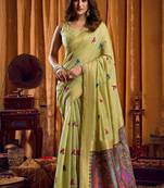 Light Green cotton blend katha work saree with blouse piece