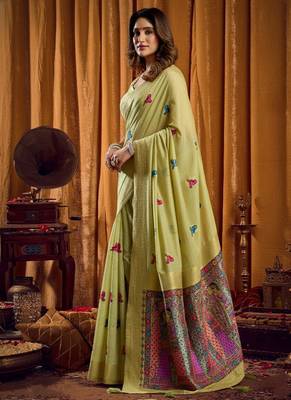 Light Green cotton blend katha work saree with blouse piece 2
