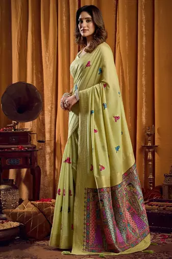 Light Green cotton blend katha work saree with blouse piece