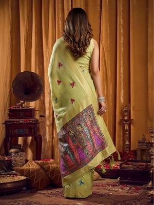 Light Green cotton blend katha work saree with blouse piece 3