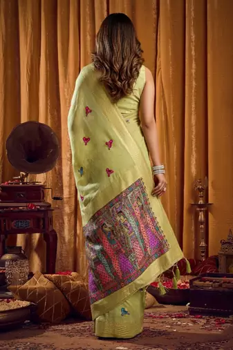 Light Green cotton blend katha work saree with blouse piece