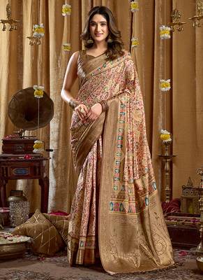 Cream banarasi cotton silk blend digital print saree with blouse piece 1