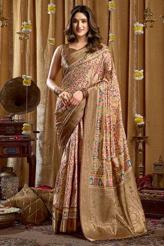 Cream banarasi cotton silk blend digital print saree with blouse piece