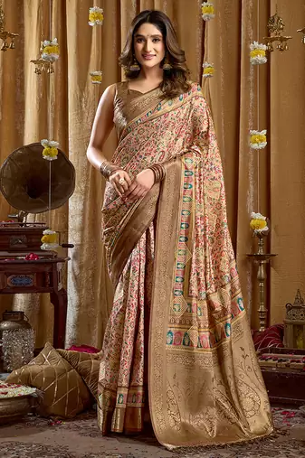 Cream banarasi cotton silk blend digital print saree with blouse piece