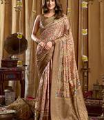Cream banarasi cotton silk blend digital print saree with blouse piece