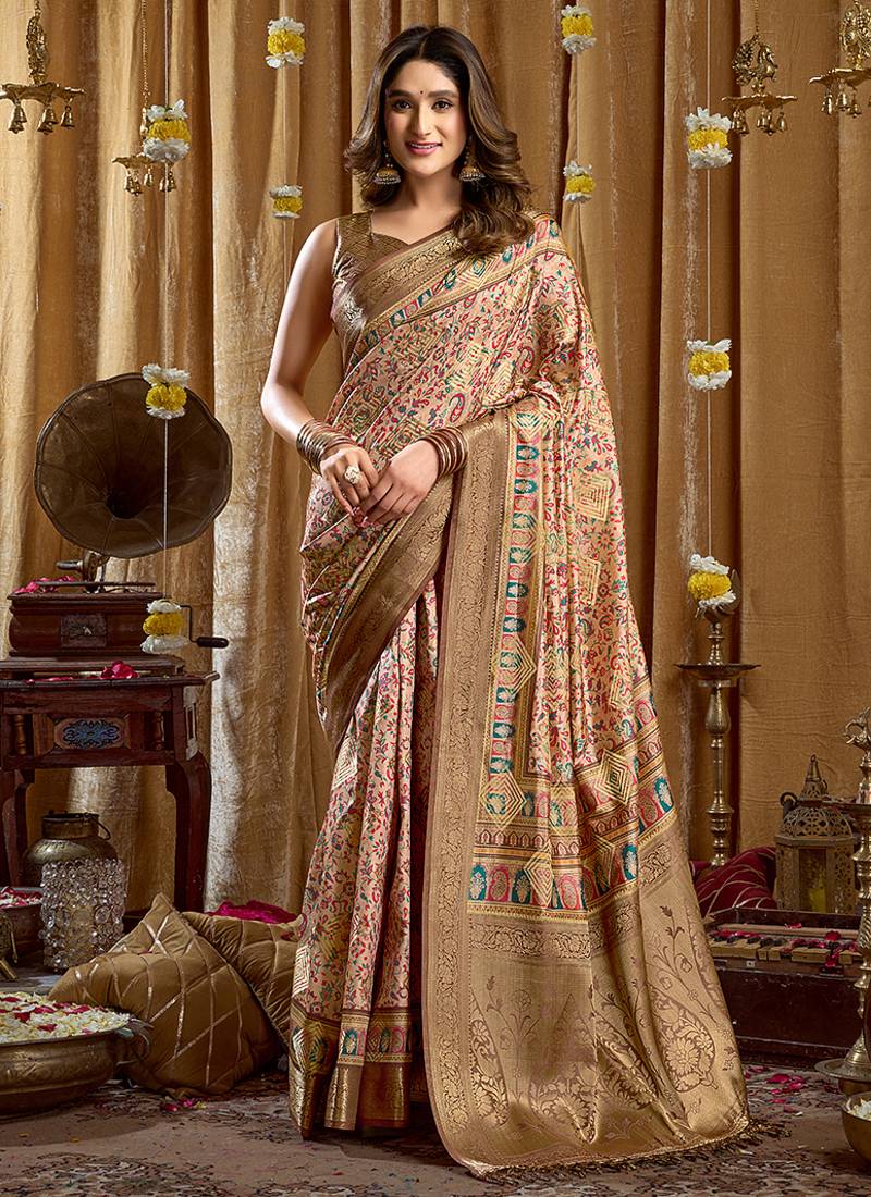 Cream banarasi cotton silk blend digital print saree with blouse piece