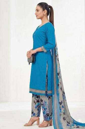 Teal printed cotton blend stitched floral print salwar kurta dupatta for women