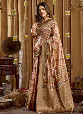 Cream banarasi cotton silk blend digital print saree with blouse piece 2