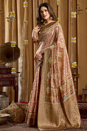 Cream banarasi cotton silk blend digital print saree with blouse piece