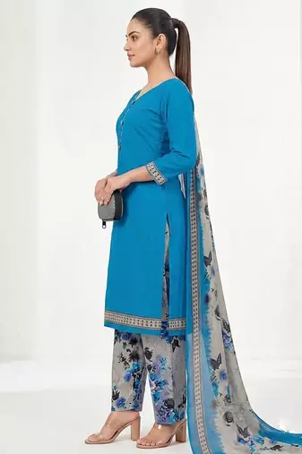 Teal printed cotton blend stitched floral print salwar kurta dupatta for women