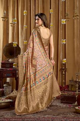 Cream banarasi cotton silk blend digital print saree with blouse piece 3